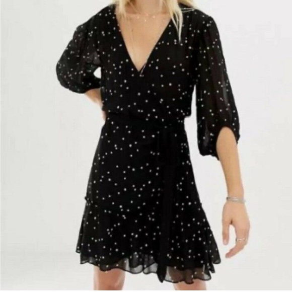 ALL SAINTS Gracie Nala Wrap Dress, Black with Embroidered Stars - Picture 1 of 8